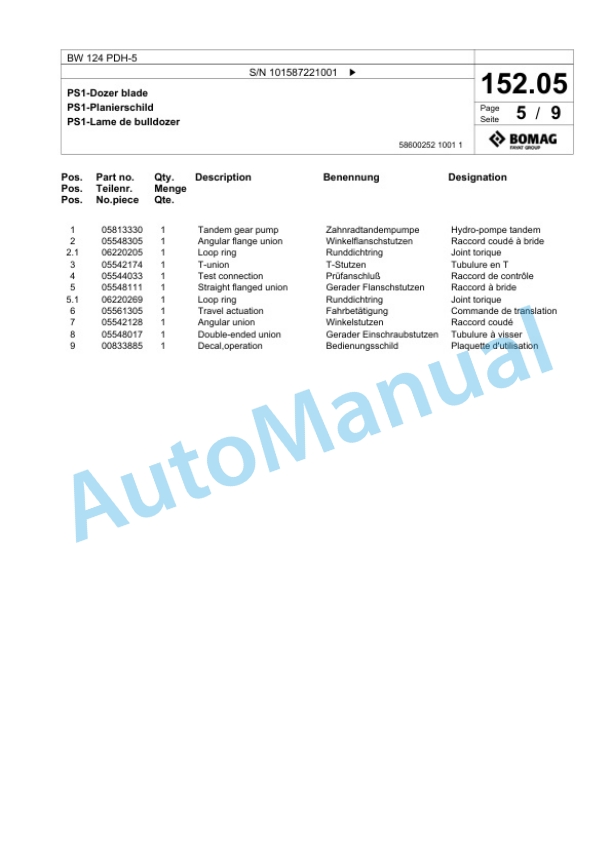 Bomag BW 124 PDH-5 Single Drum Wheel Drive Vibratory Roller Spare Parts Catalogue 00825735-4