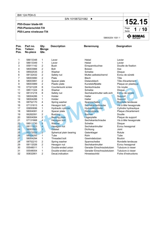 Bomag BW 124 PDH-5 Single Drum Wheel Drive Vibratory Roller Spare Parts Catalogue 00825735-5