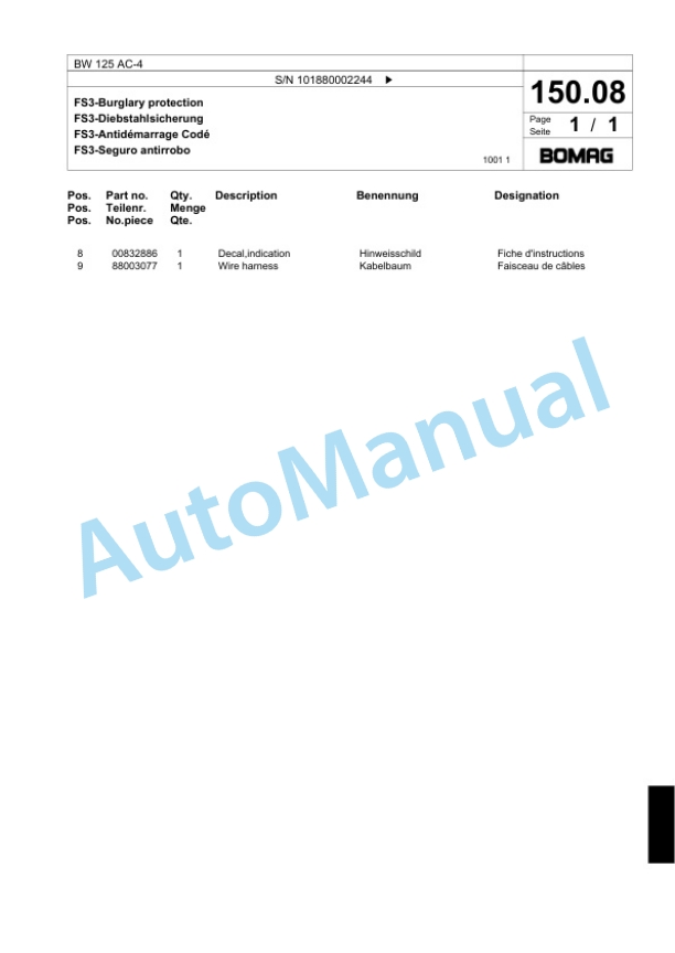 Bomag BW 125 AC-4 Combination Roller Spare Parts Catalogue 00818271-5