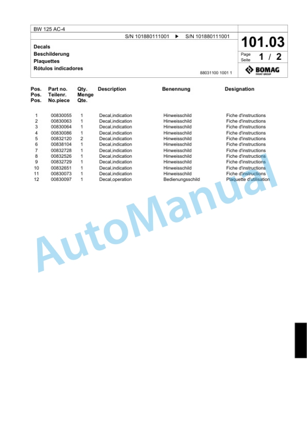 Bomag BW 125 AC-4 Combination Roller Spare Parts Catalogue 00818475-3