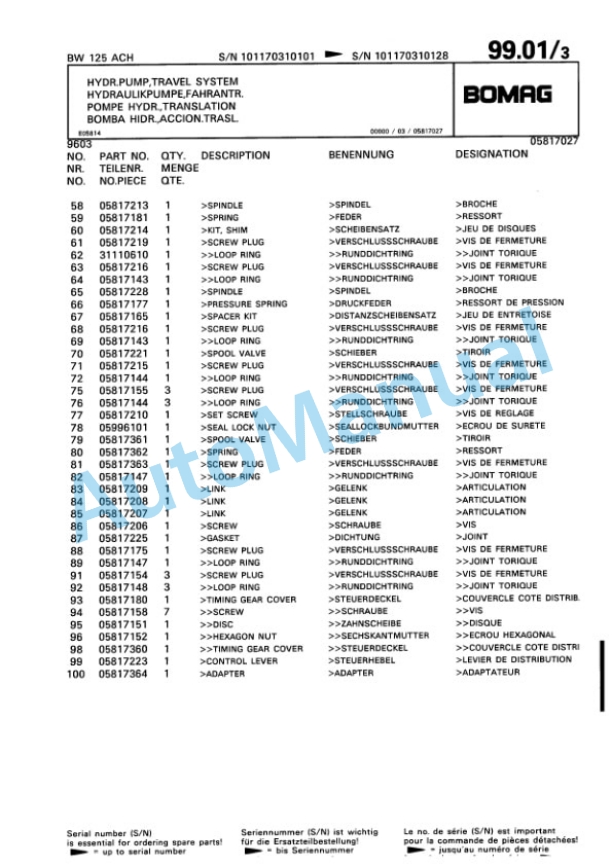 Bomag BW 125 ACH Combination Roller Spare Parts Catalogue 00810103-5