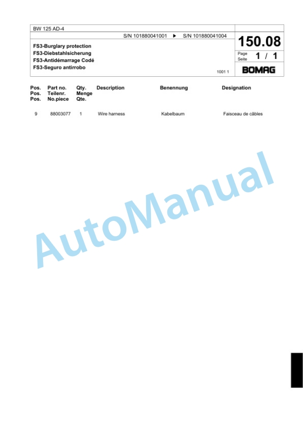 Bomag BW 125 AD-4 Tandem Vibratory Roller Spare Parts Catalogue 00817937-5