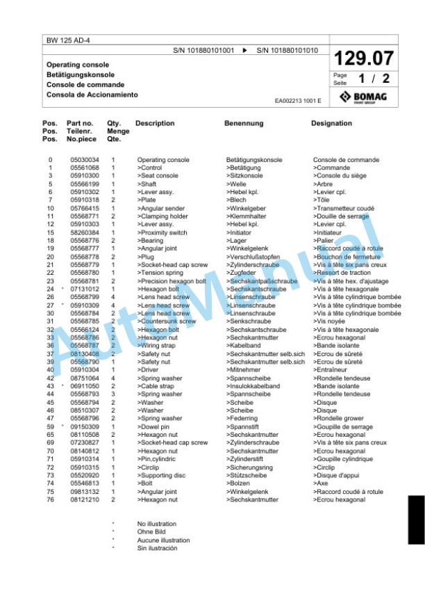 Bomag BW 125 AD-4 Tandem Vibratory Roller Spare Parts Catalogue 00818473-3