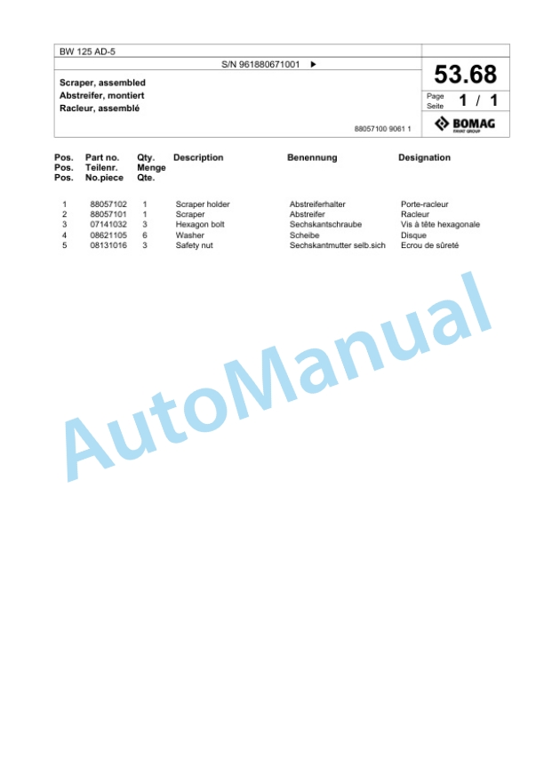 Bomag BW 125 AD-5 Tandem Vibratory Roller Spare Parts Catalogue 00826365-2