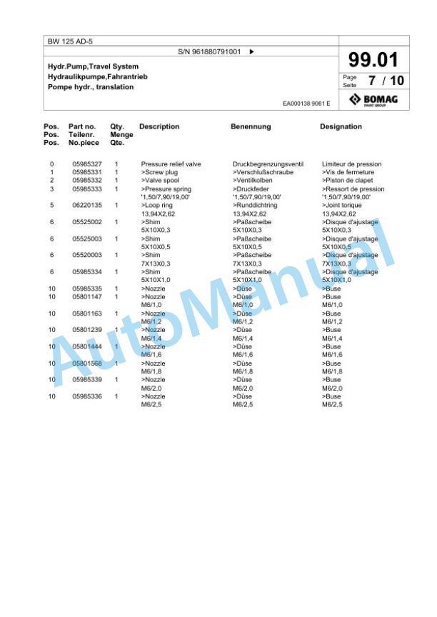 Bomag BW 125 AD-5 Tandem Vibratory Roller Spare Parts Catalogue 00826839-4
