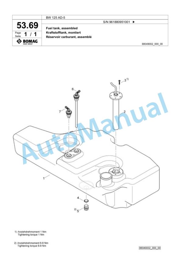 Bomag BW 125 AD-5 Tandem Vibratory Roller Spare Parts Catalogue 00827059-2