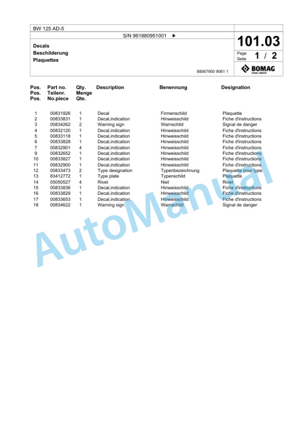 Bomag BW 125 AD-5 Tandem Vibratory Roller Spare Parts Catalogue 00827059-5