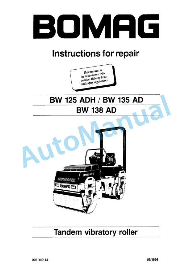 Bomag BW 125 ADH, BW 135 AD, BW 138 AD Tandem Vibratory Roller Repair Instructions 00819044