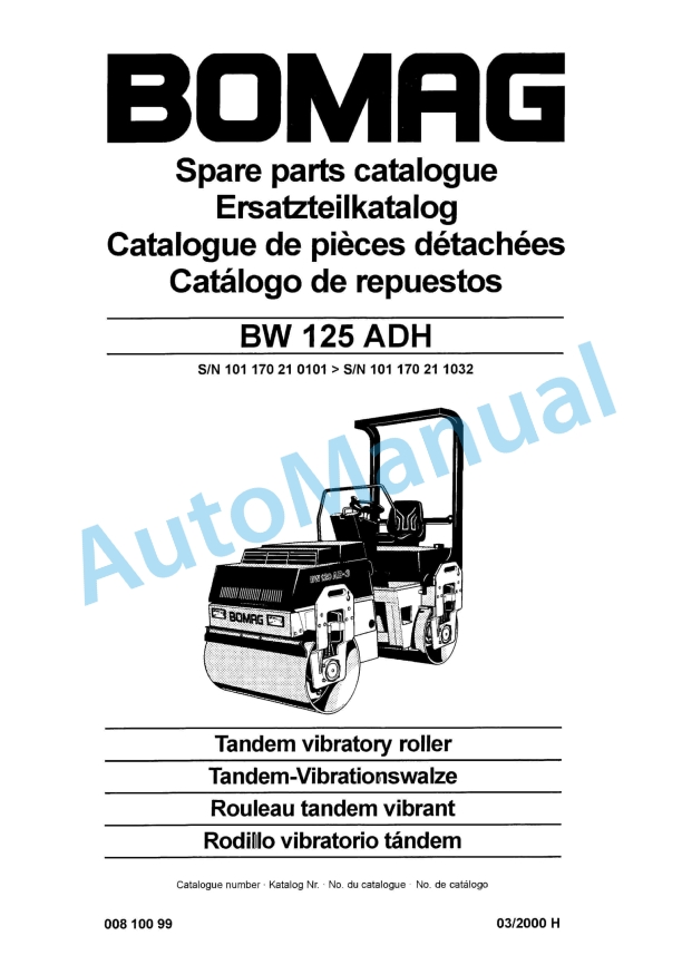 Bomag BW 125 ADH Tandem Vibratory Roller Spare Parts Catalogue 00810099