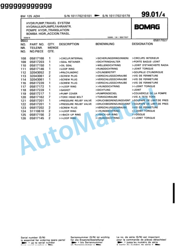 Bomag BW 125 ADH Tandem Vibratory Roller Spare Parts Catalogue 00810099-5
