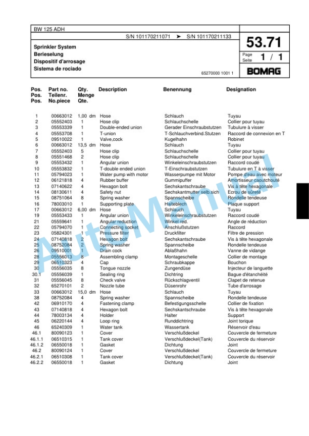 Bomag BW 125 ADH Tandem Vibratory Roller Spare Parts Catalogue 00817467-3