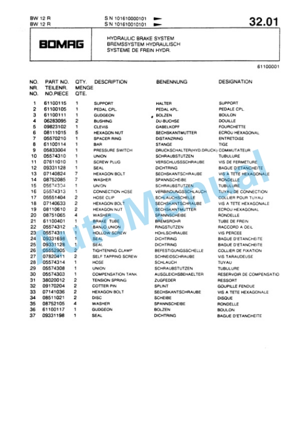 Bomag BW 12R Pneumatic Tyred Roller Spare Parts Catalogue 00813710-2