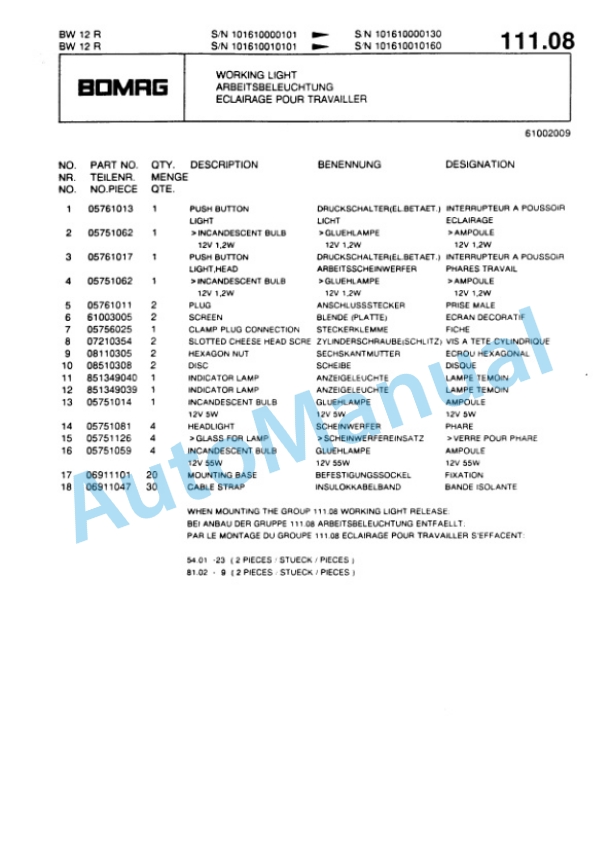 Bomag BW 12R Pneumatic Tyred Roller Spare Parts Catalogue 00813710-4