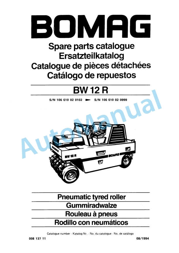 Bomag BW 12R Pneumatic Tyred Roller Spare Parts Catalogue 00813711