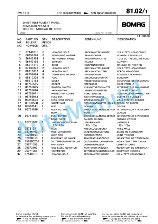 Bomag BW 12R Pneumatic Tyred Roller Spare Parts Catalogue 00813711-4