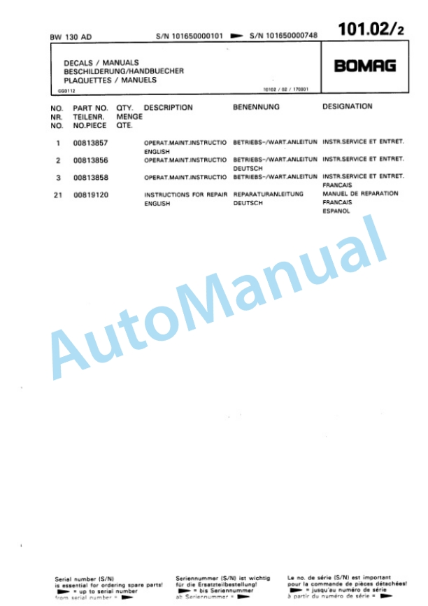Bomag BW 130 AD Tandem Vibratory Roller Spare Parts Catalogue 00810020-5