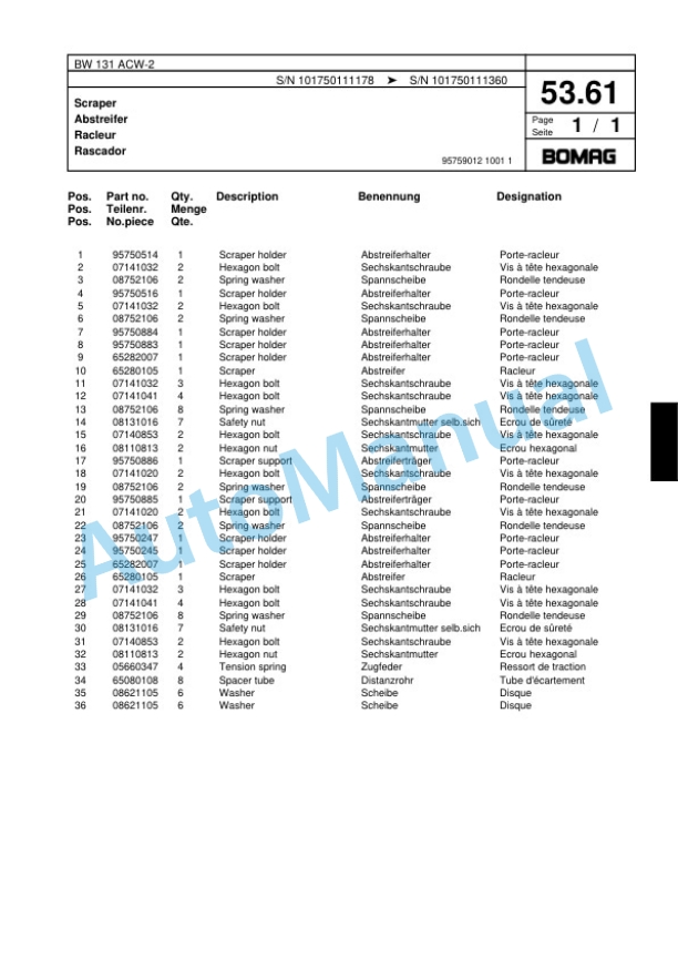 Bomag BW 131 ACW-2 Combination Roller Spare Parts Catalogue 00817468-2