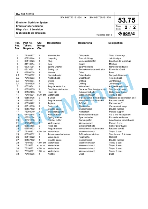 Bomag BW 131 ACW-3 Combination Roller Spare Parts Catalogue 00818697-3