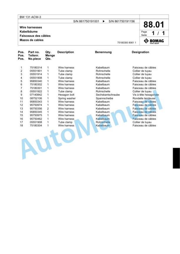 Bomag BW 131 ACW-3 Combination Roller Spare Parts Catalogue 00818697-5