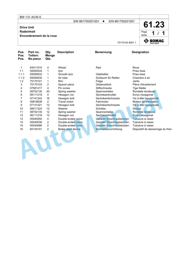 Bomag BW 131 ACW-5 Combination Roller Spare Parts Catalogue 00824937-3