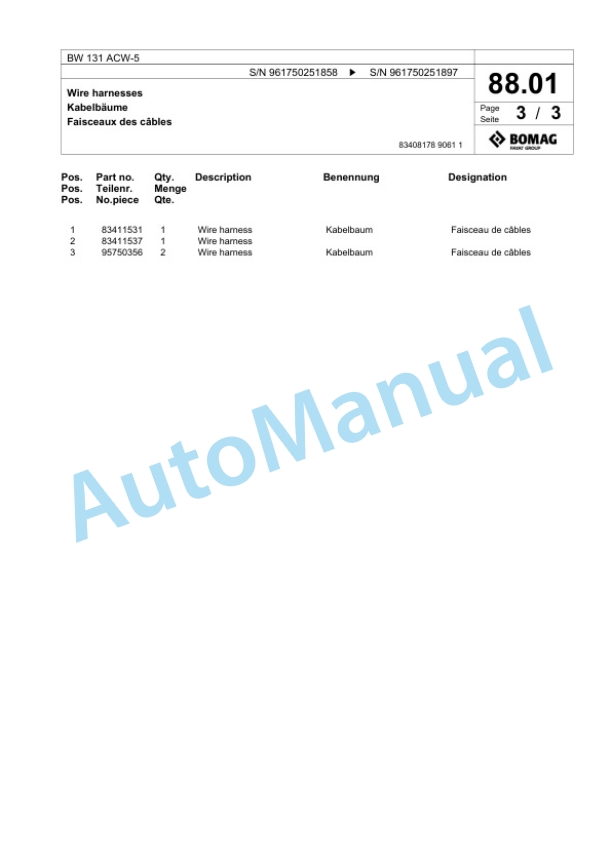 Bomag BW 131 ACW-5 Combination Roller Spare Parts Catalogue 00826897-4