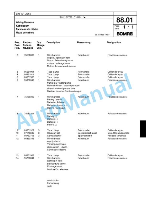 Bomag BW 131 AD-2 Tandem Vibratory Roller Spare Parts Catalogue 00817469-4