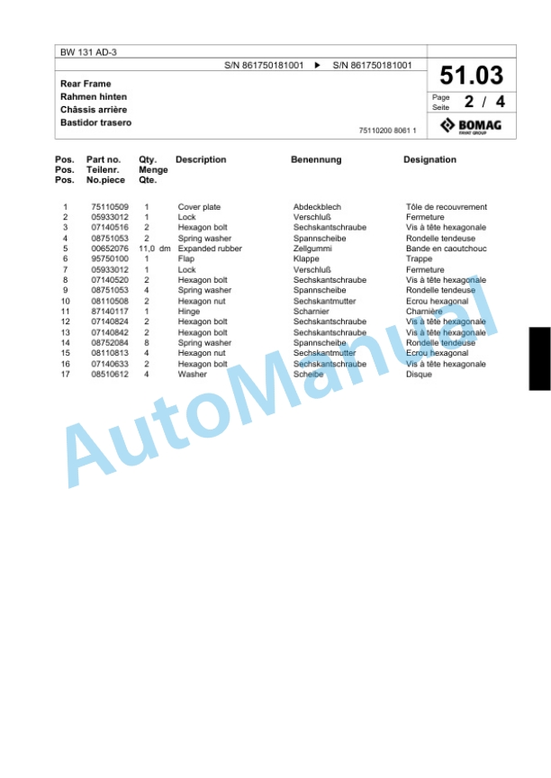 Bomag BW 131 AD-3 Combination Roller Spare Parts Catalogue 00818699-2