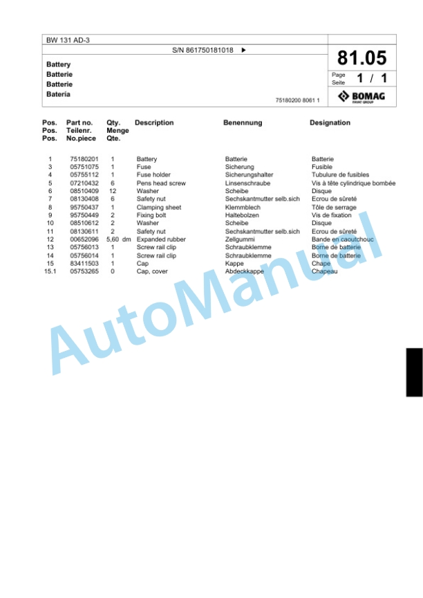 Bomag BW 131 AD-3 Combination Roller Spare Parts Catalogue 00818699-4