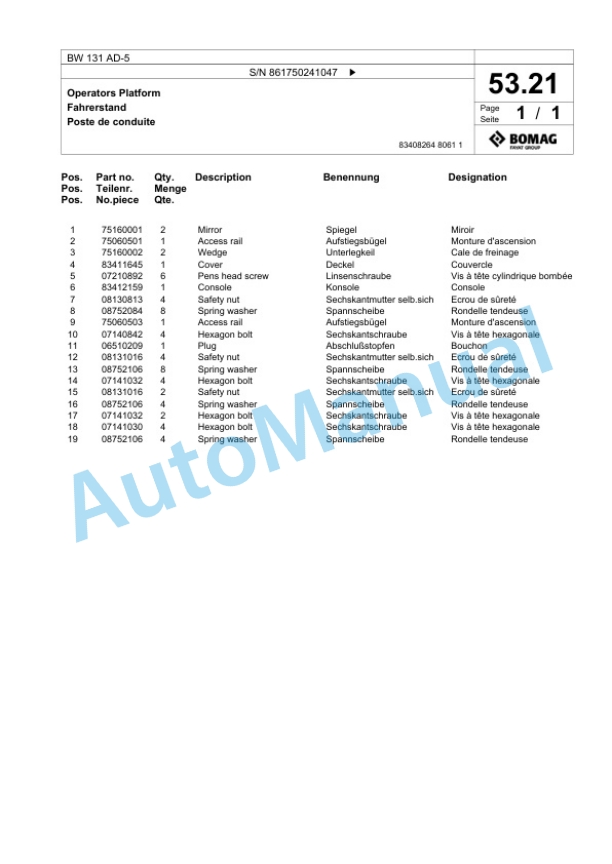 Bomag BW 131 AD-5 Tandem Vibratory Roller Spare Parts Catalogue 00824935-2