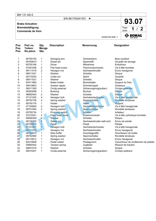 Bomag BW 131 AD-5 Tandem Vibratory Roller Spare Parts Catalogue 00824935-4