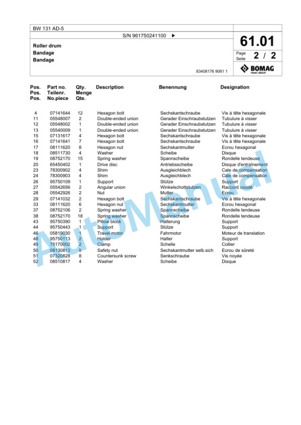 Bomag BW 131 AD-5 Tandem Vibratory Roller Spare Parts Catalogue 00826193-3