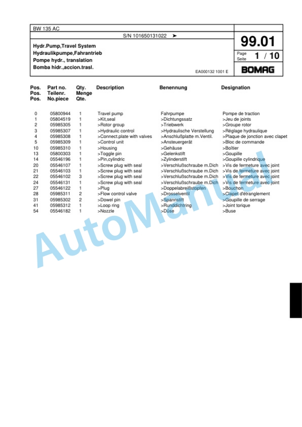 Bomag BW 135 AC Combination Roller Spare Parts Catalogue 00817470-4