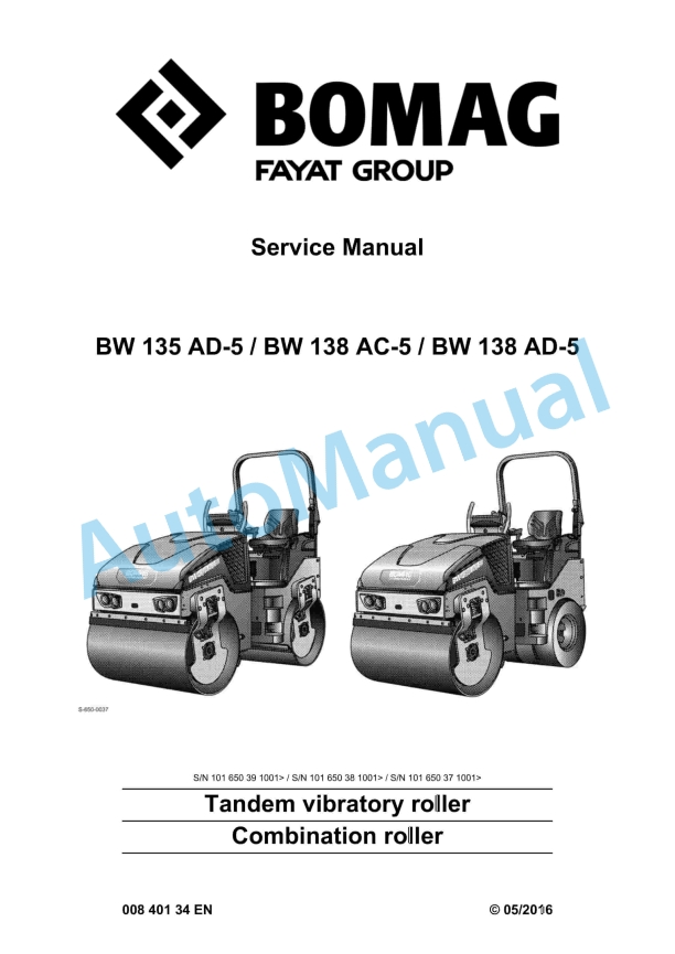 Bomag BW 135 AD-5, BW 138 AC-5, BW 138 AD-5 Tandem Vibratory Rollers Service Manual 00840134