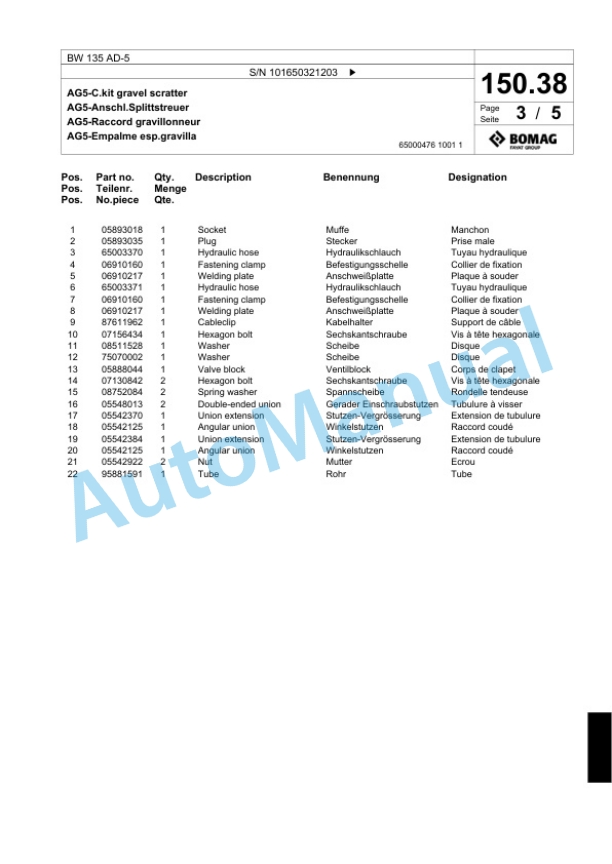 Bomag BW 135 AD-5 Tandem Vibratory Roller Spare Parts Catalogue 00818723-3