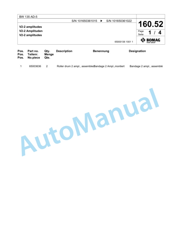 Bomag BW 135 AD-5 Tandem Vibratory Roller Spare Parts Catalogue 00824925-5
