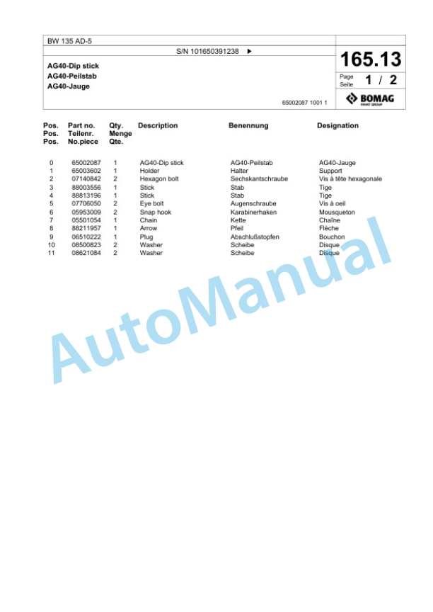 Bomag BW 135 AD-5 Tandem Vibratory Roller Spare Parts Catalogue 00824931-5