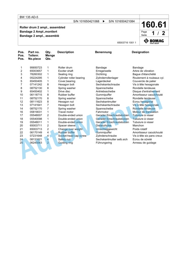Bomag BW 135 AD-5 Tandem Vibratory Roller Spare Parts Catalogue 00825355-5