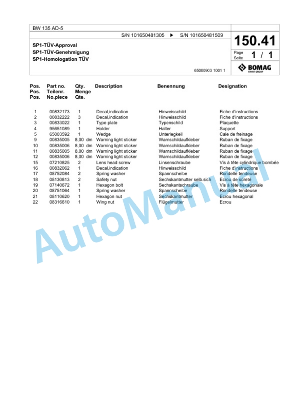 Bomag BW 135 AD-5 Tandem Vibratory Roller Spare Parts Catalogue 00825563-2