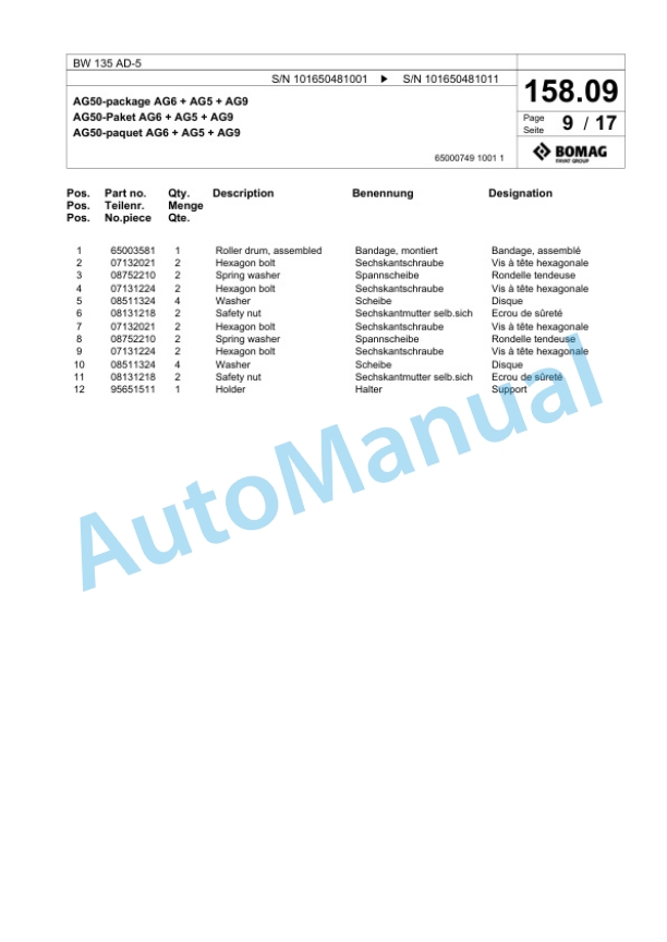 Bomag BW 135 AD-5 Tandem Vibratory Roller Spare Parts Catalogue 00825563-3