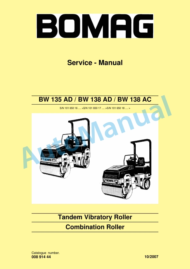 Bomag BW 135 AD, BW 138 AD, BW 138 AC Tandem Vibratory Rollers Service Manual 00891444