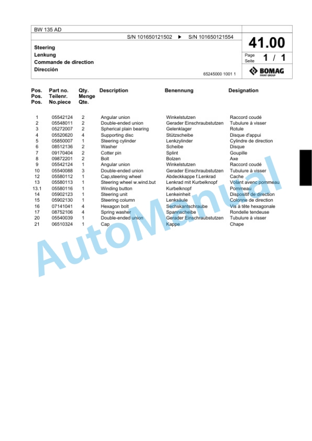 Bomag BW 135 AD Combination Roller Spare Parts Catalogue 00817471-2