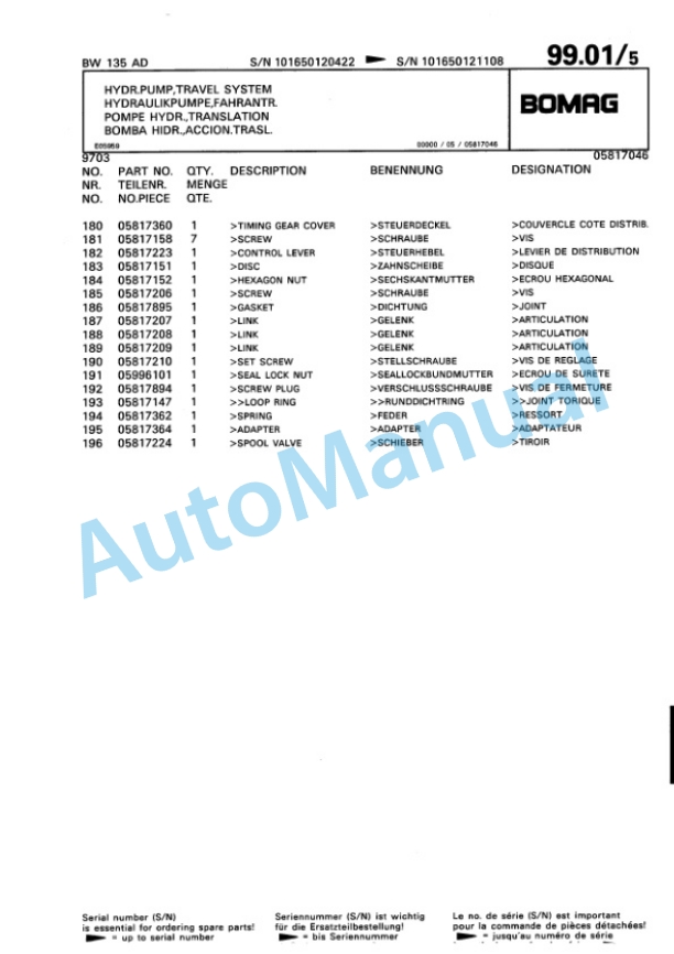 Bomag BW 135 AD Tandem Vibratory Roller Spare Parts Catalogue 00810120-5