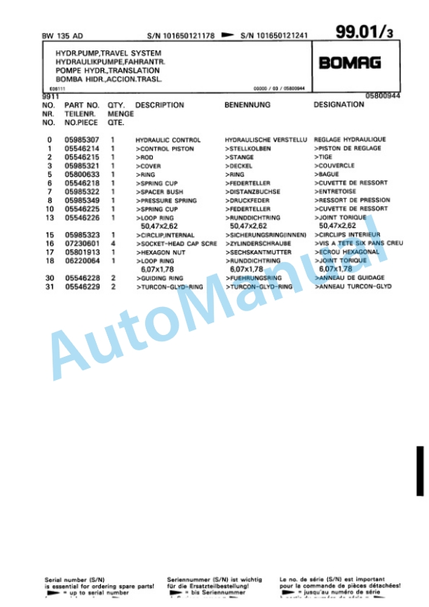 Bomag BW 135 AD Tandem Vibratory Roller Spare Parts Catalogue 00810189-4
