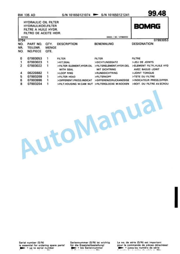 Bomag BW 135 AD Tandem Vibratory Roller Spare Parts Catalogue 00810189-5