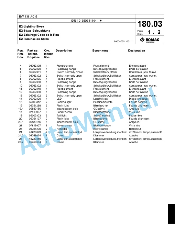Bomag BW 138 AC-5 Combination Roller Spare Parts Catalogue 00818719-5