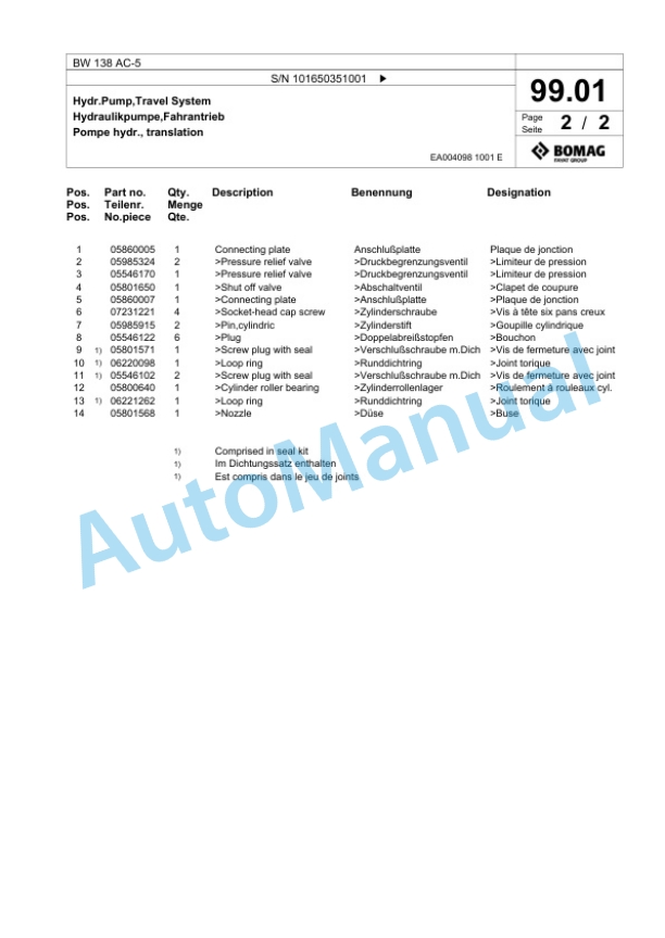 Bomag BW 138 AC-5 Combination Roller Spare Parts Catalogue 00824923-2