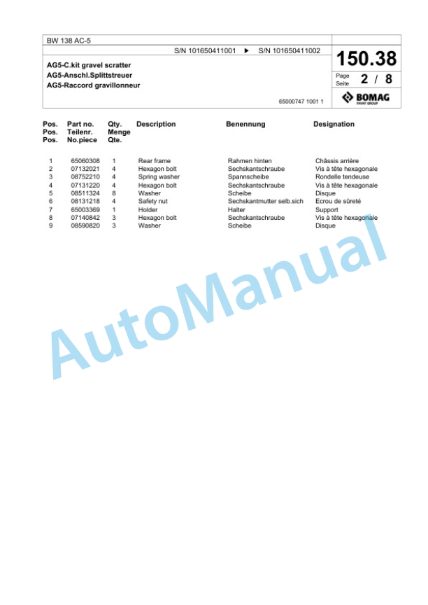 Bomag BW 138 AC-5 Combination Roller Spare Parts Catalogue 00825353-3