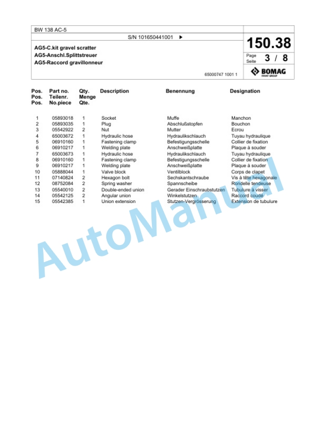 Bomag BW 138 AC-5 Combination Roller Spare Parts Catalogue 00825367-3