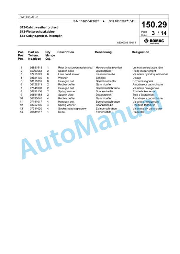 Bomag BW 138 AC-5 Combination Roller Spare Parts Catalogue 00825561-2