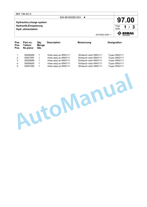 Bomag BW 138 AC-5 Combination Roller Spare Parts Catalogue 00826581-2